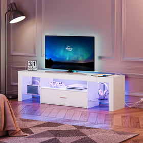 HOOBRO LED TV stand shows built-in power outlets for convenient charging.