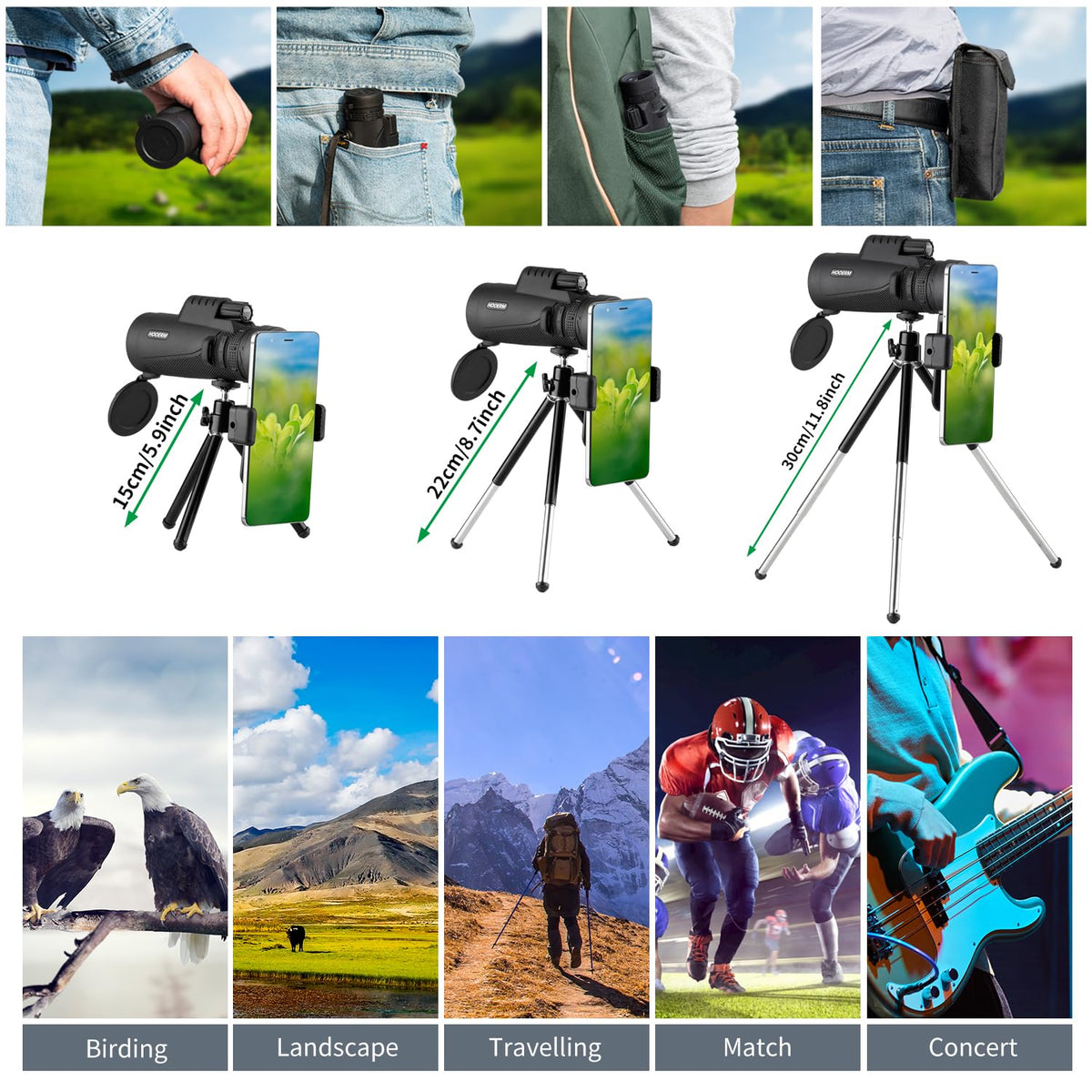 Hooerm monocular with smartphone attached capturing distant subjects hands-free