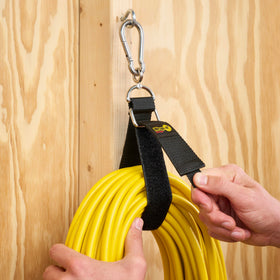 Hook n Hang ladder strap in action for overhead garage storage