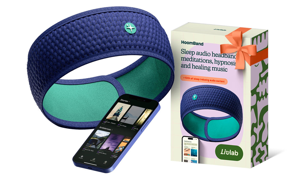 HoomBand headband with hidden earphones for comfortable sleep.