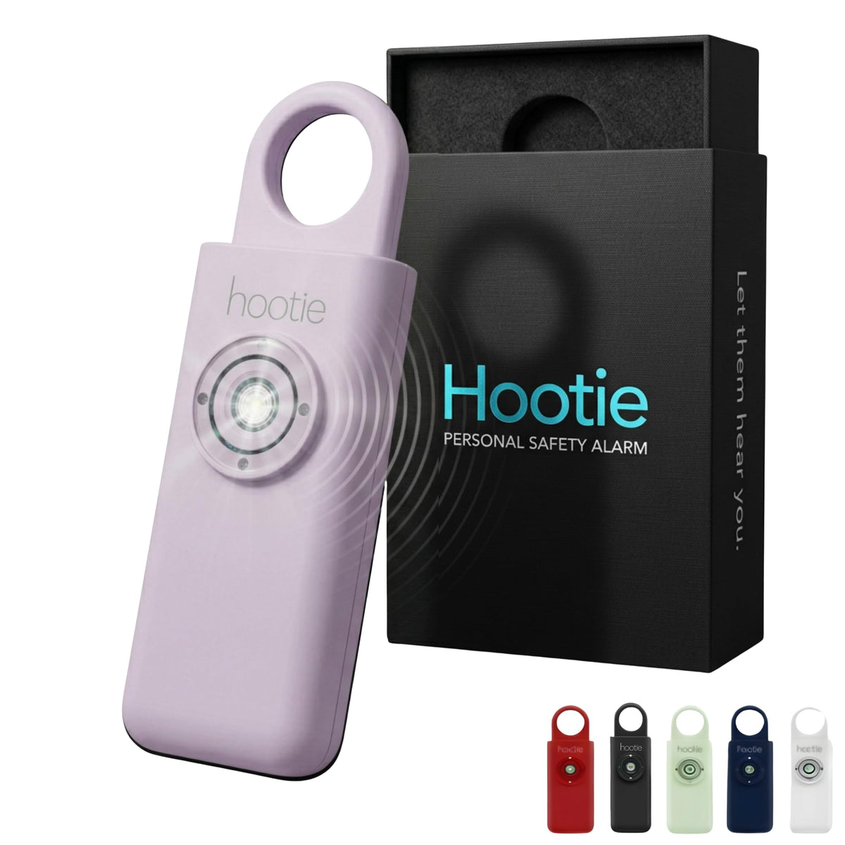 HOOTIE front view lavender alarm showing compact design and quick access benefit