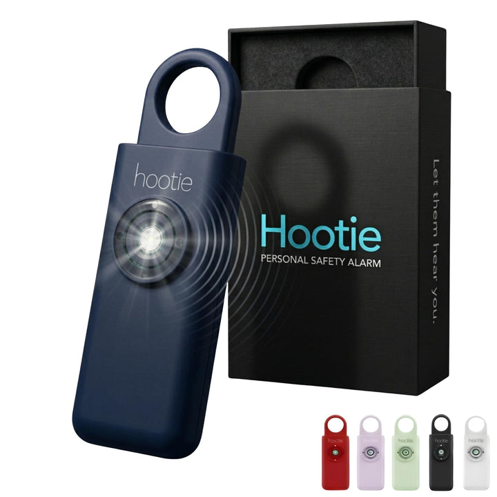 Hootie front view navy alarm shows compact safety device and easy carry benefit