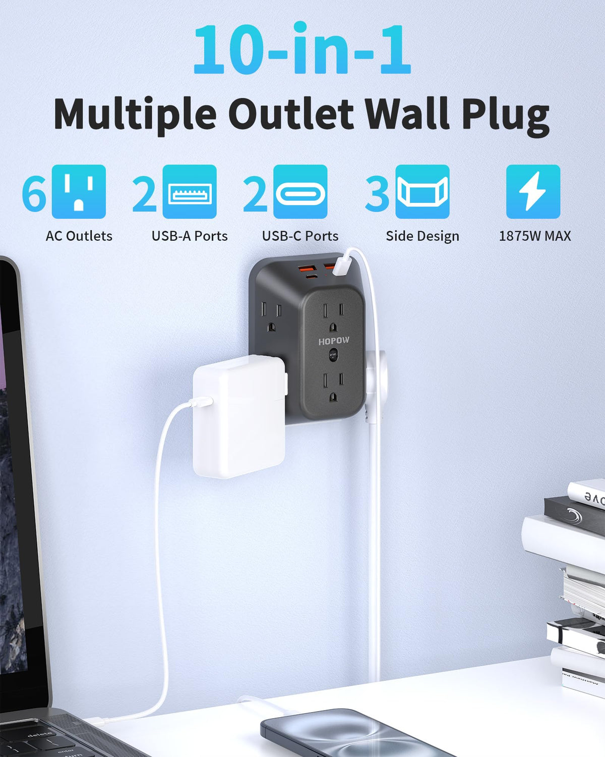 HOPOW 1050J surge protector provides electrical safety for home electronics.