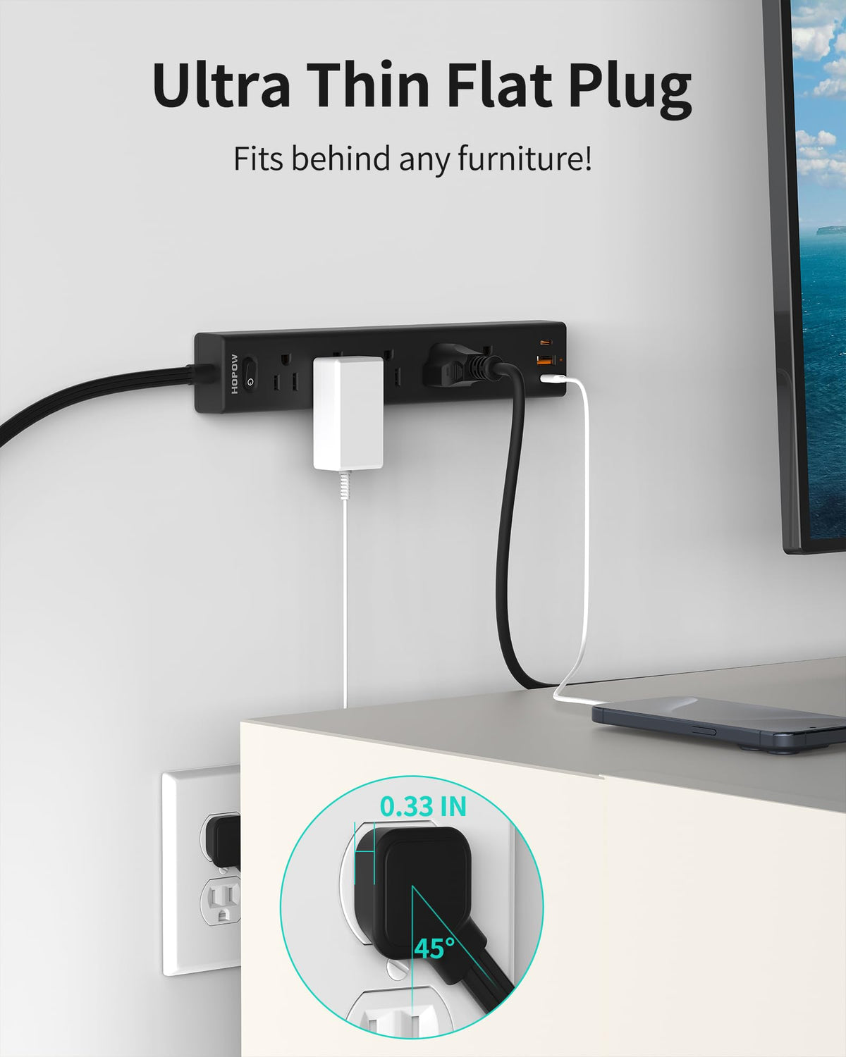 HOPOW 1700-Joule surge protector guards desk equipment.