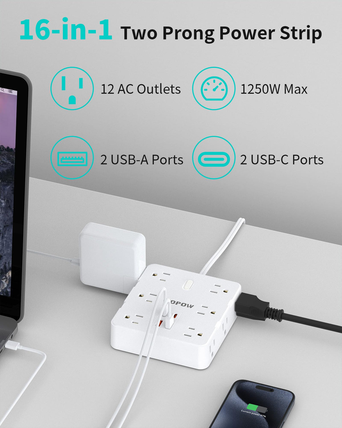 HOPOW 1700-joule surge protection guards electronics from power spikes.