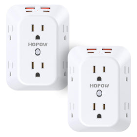 Hopow 2-pack outlet extender front view showing six outlets and four USB ports for versatile charging.