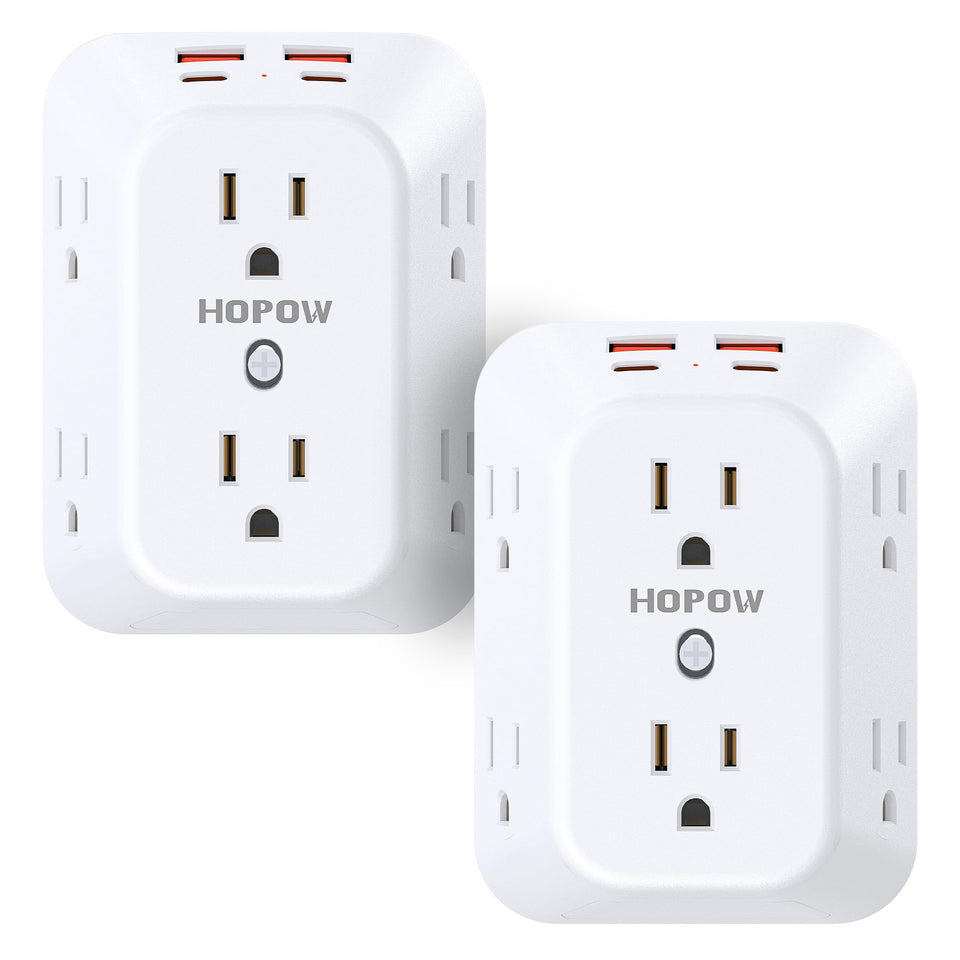 Hopow 2-pack outlet extender front view showing six outlets and four USB ports for versatile charging.