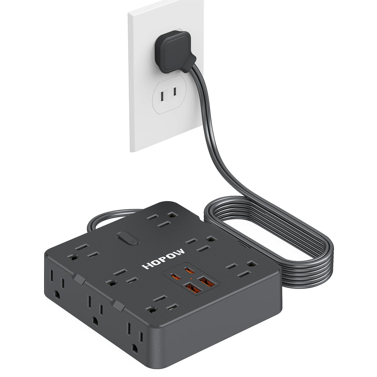 HOPOW 2-prong to 3-prong adapter front view for wall mounting and non-grounded outlets.