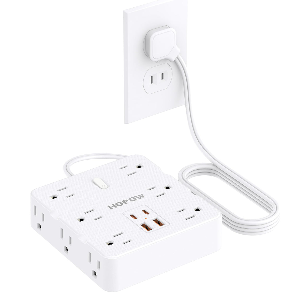 HOPOW 2-prong to 3-prong adapter with ultra-thin plug for flush wall mounting.