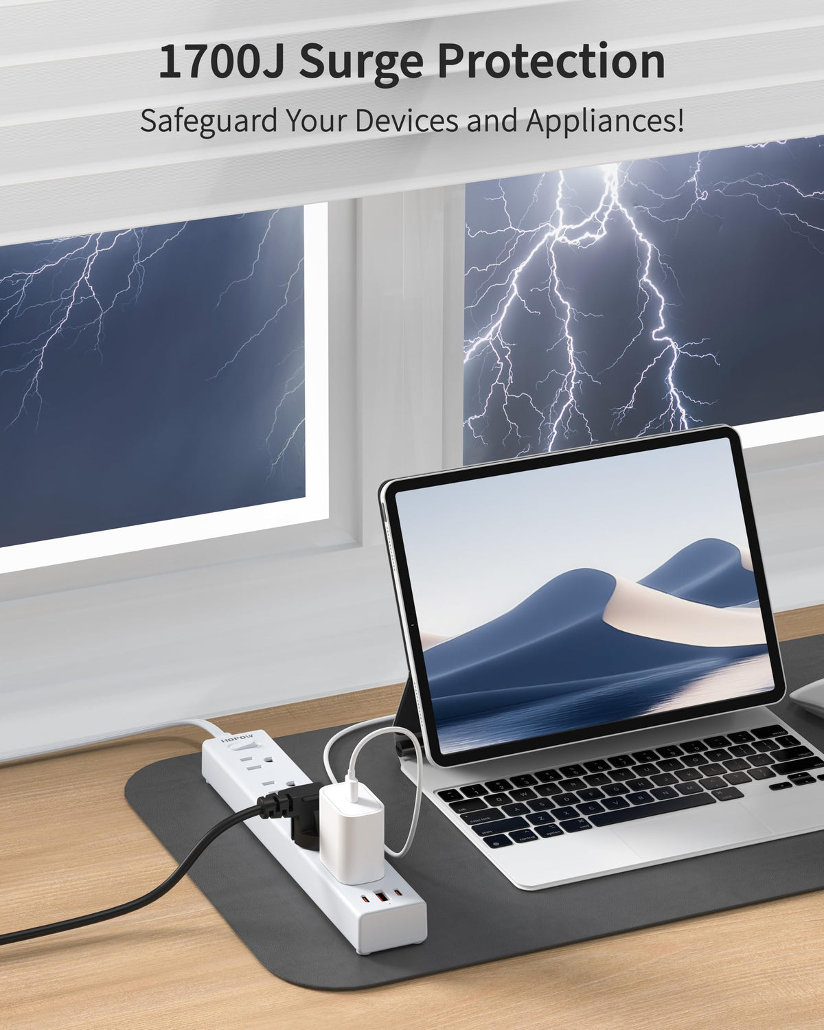 HOPOW power strip with five outlets and three USB ports for devices