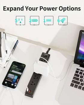 HOPOW power strip with five outlets and three USB ports for multiple devices.