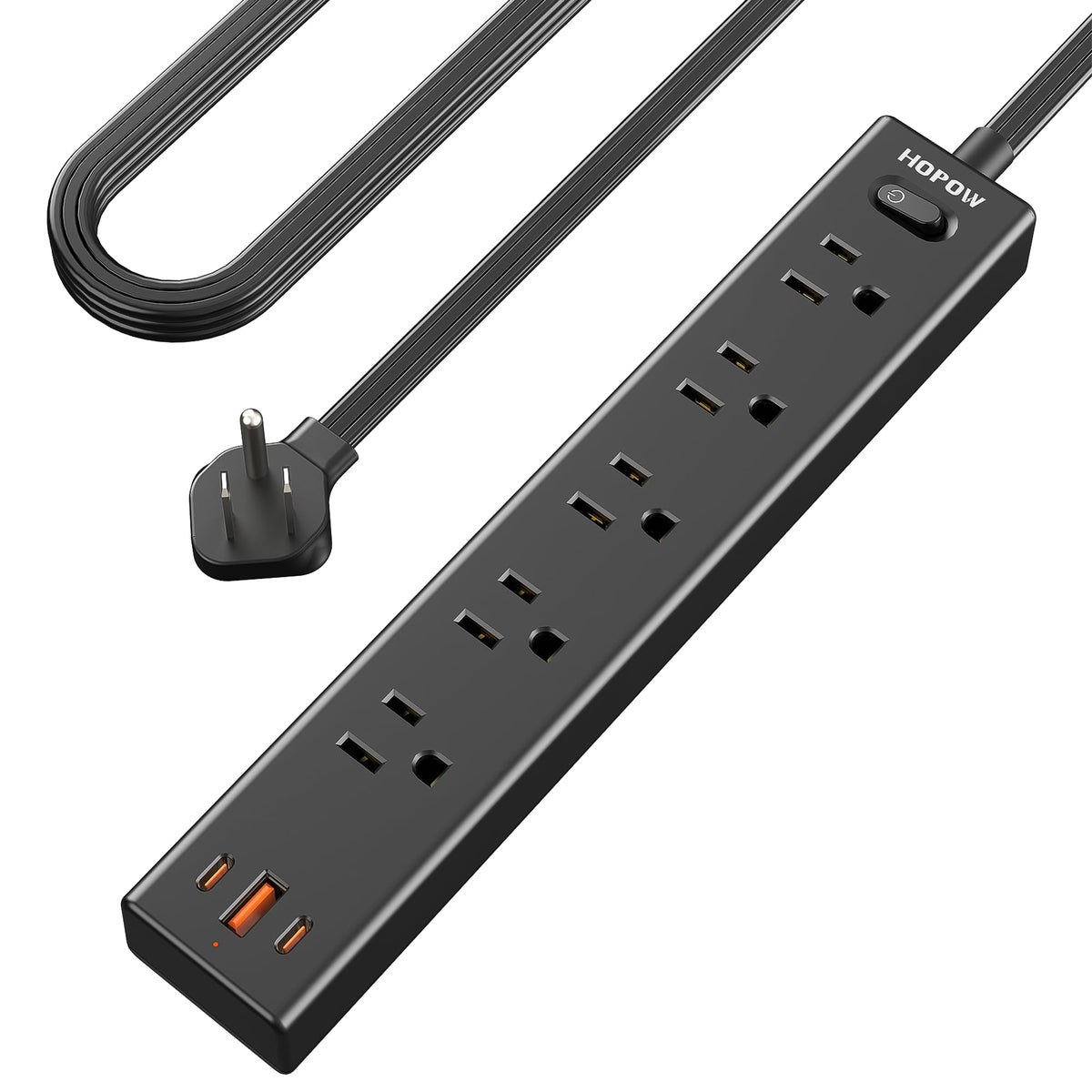 HOPOW 5ft flat-plug extension cord enables discreet setup under furniture.