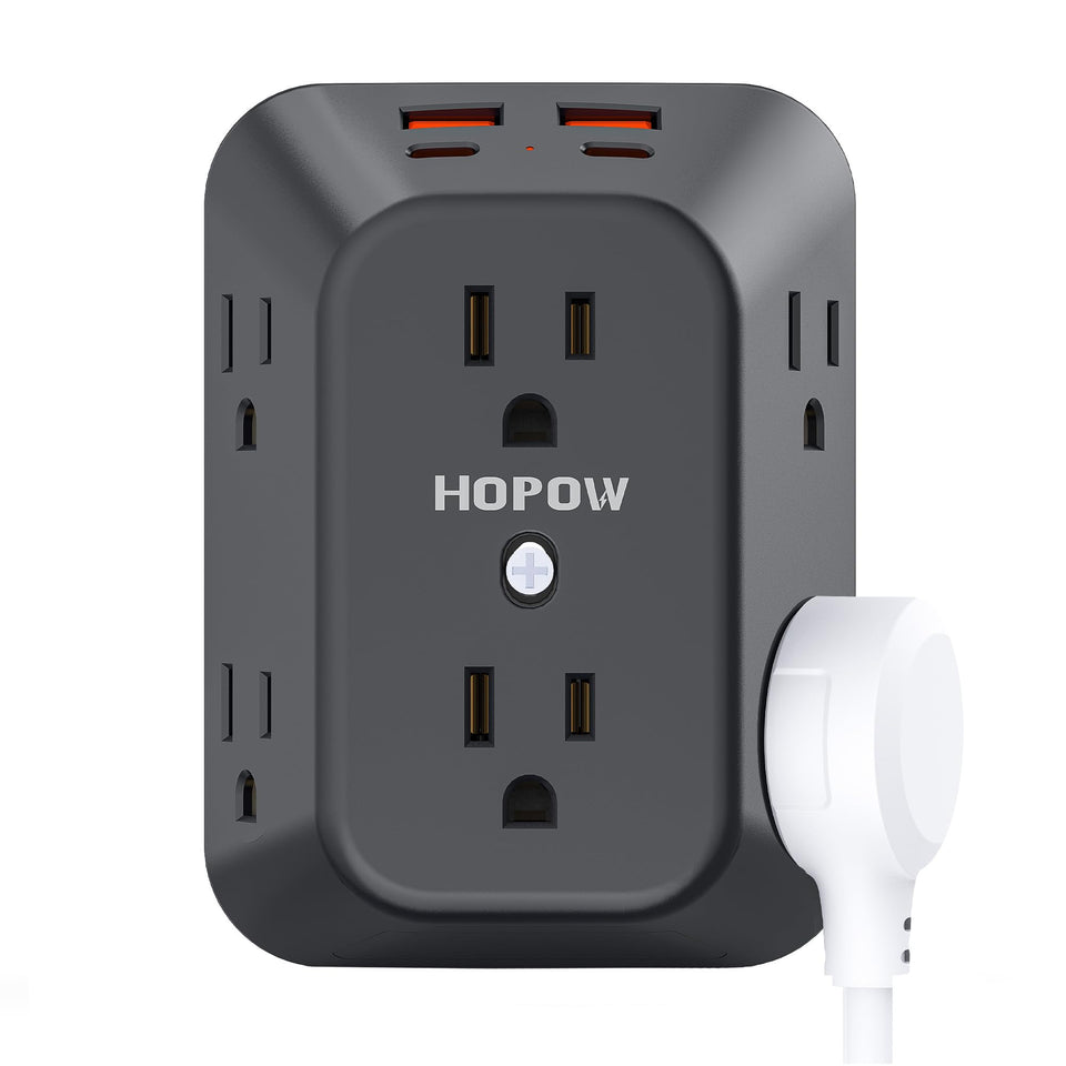 HOPOW 6-outlet USB charger with 4 USB ports powers multiple devices.