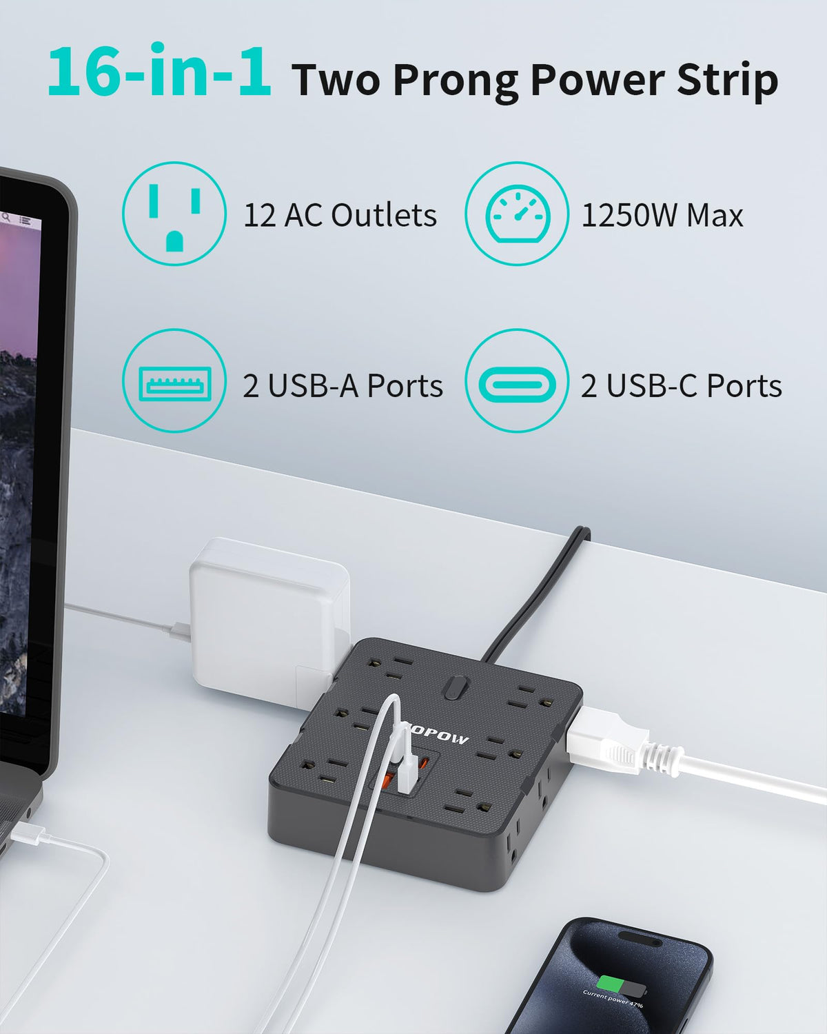 HOPOW 6 ft cord reaches hard-to-reach outlets behind furniture.