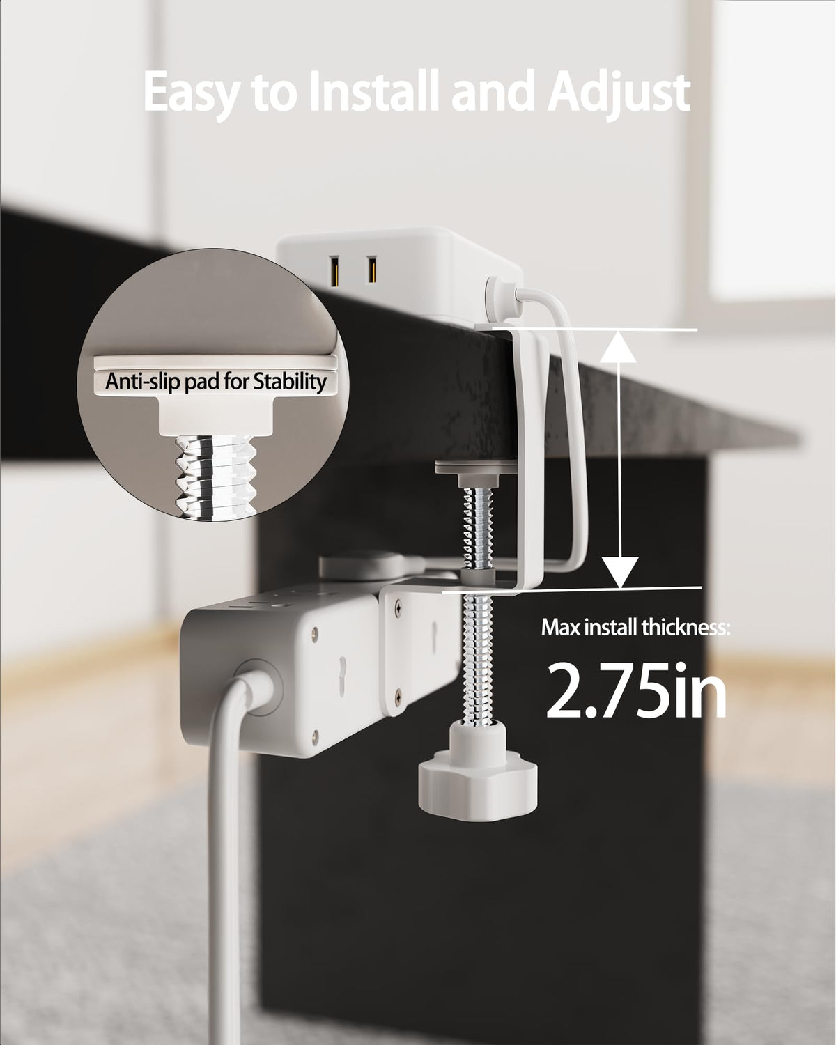 HOPOW closeup of clamp mount with non-slip pads for stable, tool-free desk attachment
