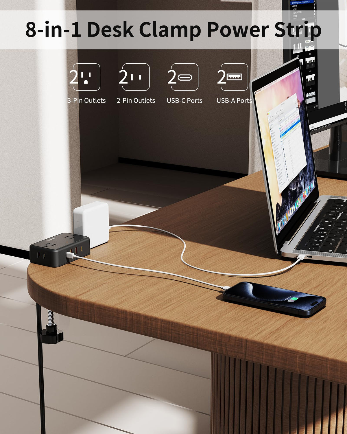 HOPOW closeup of USB‑C and AC outlets highlighting fast, smart charging
