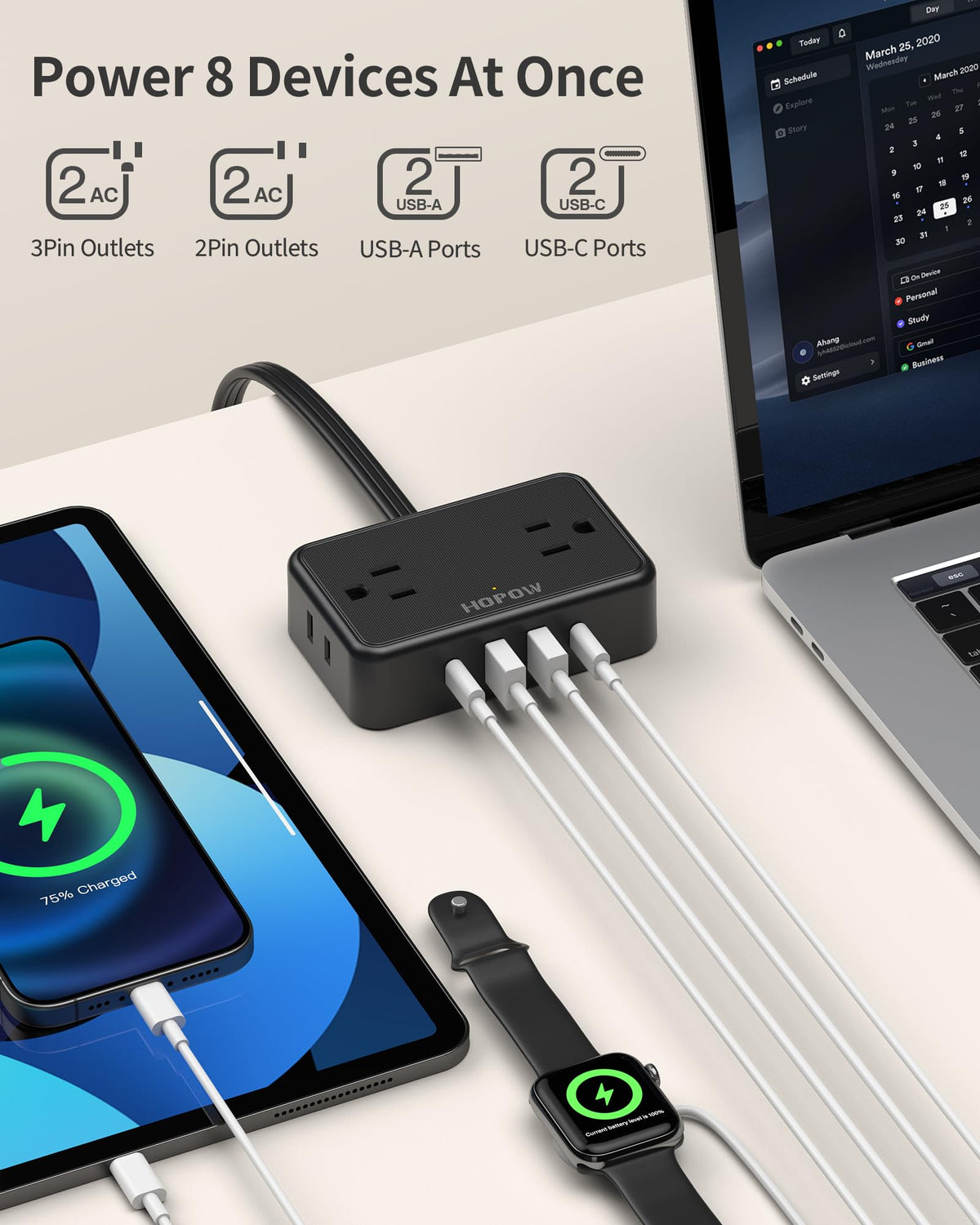 HOPOW eight-in-one outlet powers multiple devices from a single outlet.