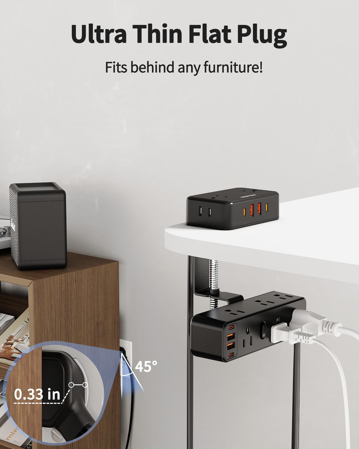 HOPOW flat plug and 10ft cord routed behind furniture for tidy cable management