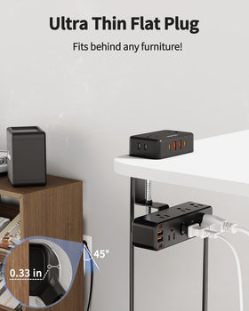 HOPOW flat plug and 10ft cord routed behind furniture for tidy cable management