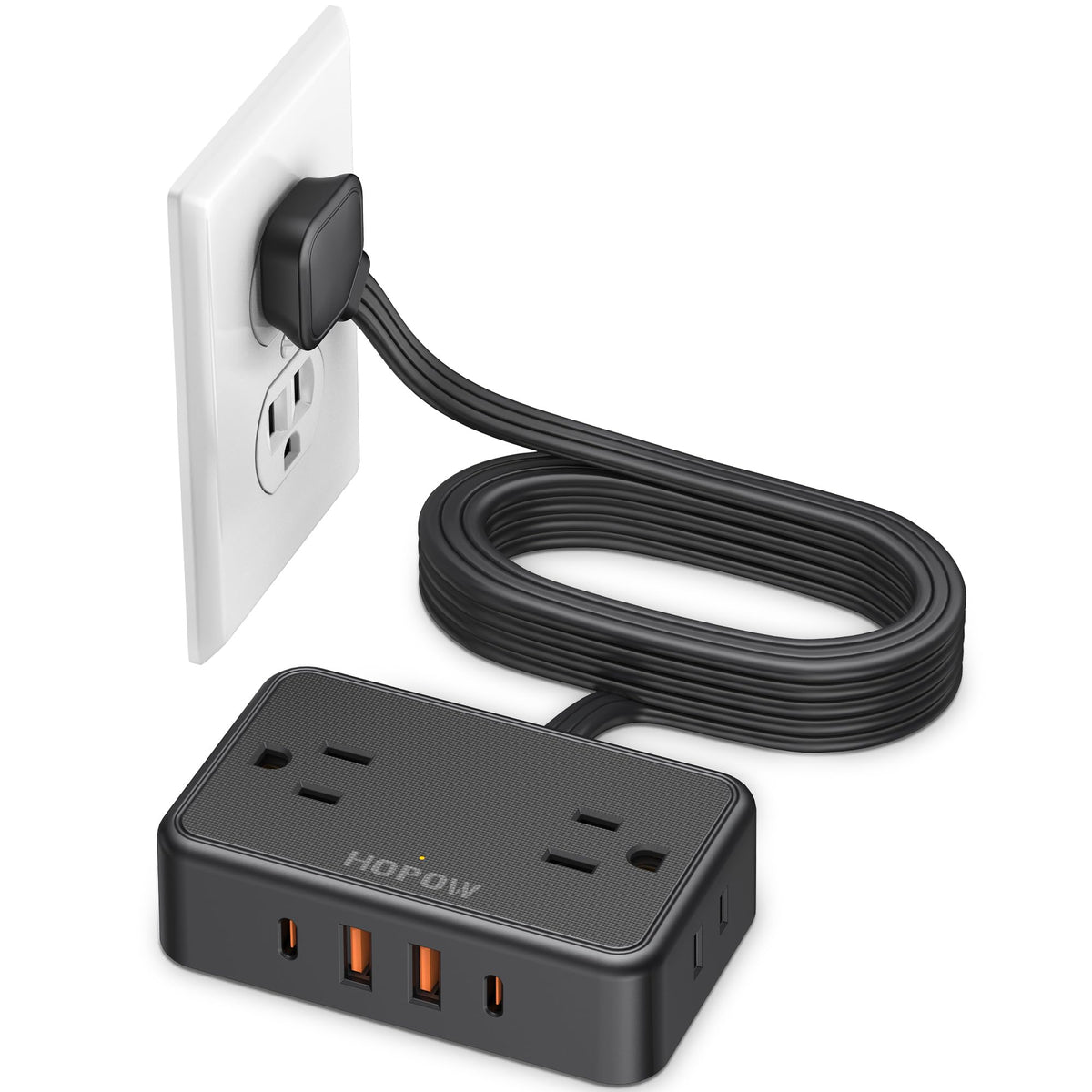 HOPOW flat plug extension cord with slim plug for tight spaces.