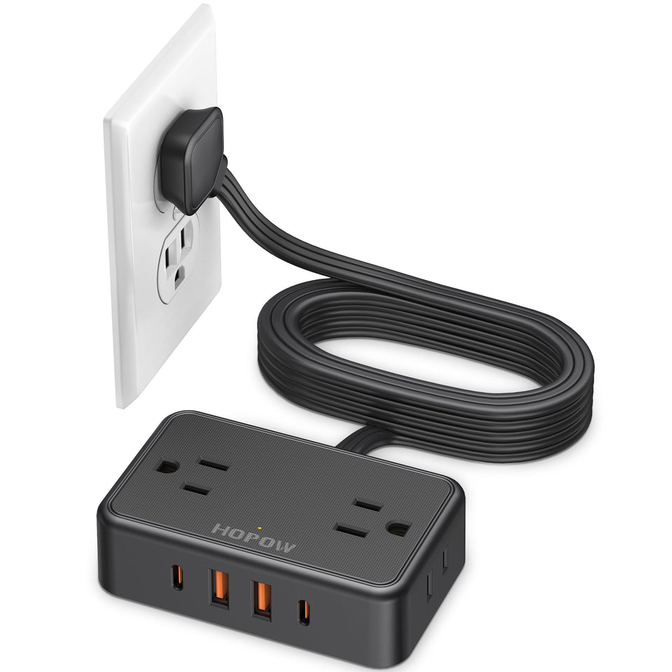 HOPOW flat plug extension cord with slim plug for tight spaces.