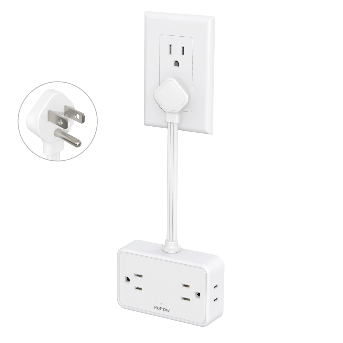 HOPOW flat plug extension cord in a tight-space setup showing compact 6-inch design for clutter-free desks.
