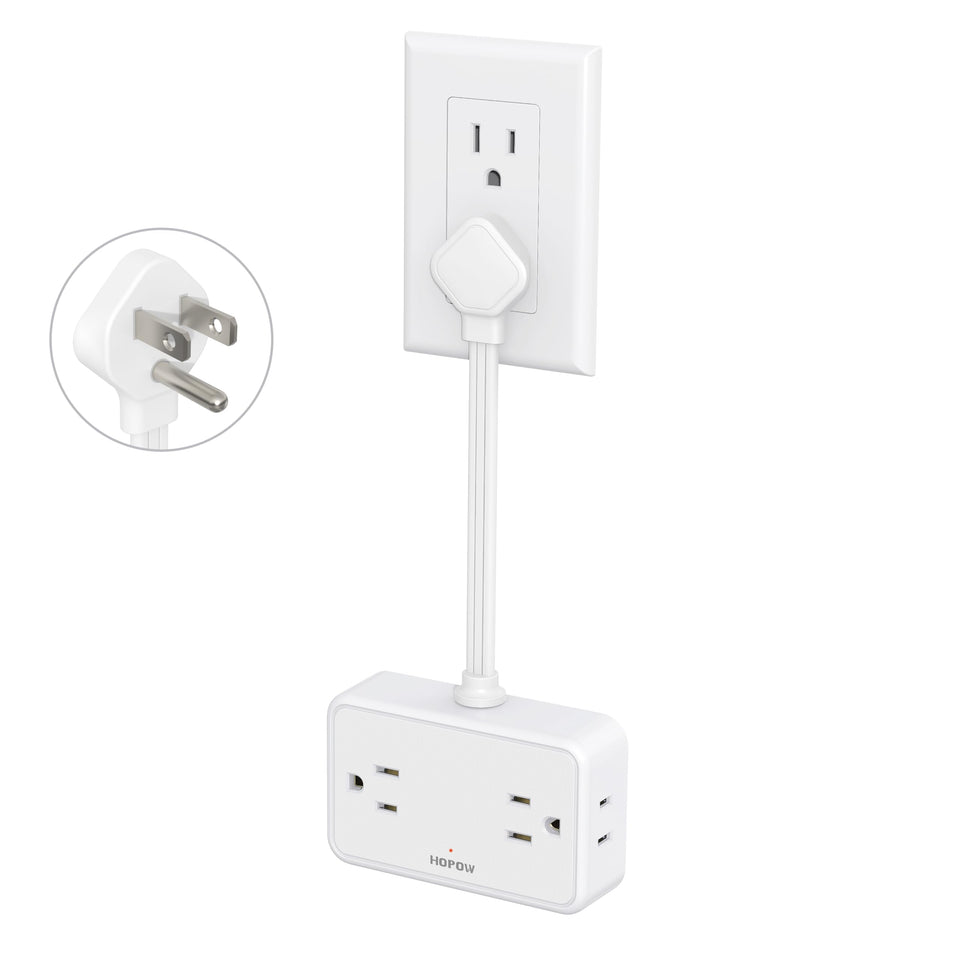 HOPOW flat plug extension cord in a tight-space setup showing compact 6-inch design for clutter-free desks.