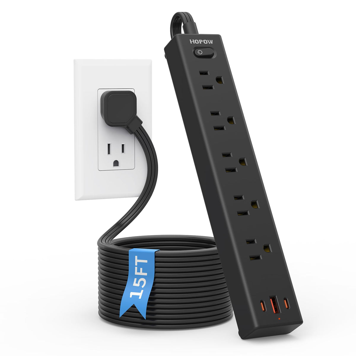 HOPOW flat plug front view showing slim profile and benefit of space-saving