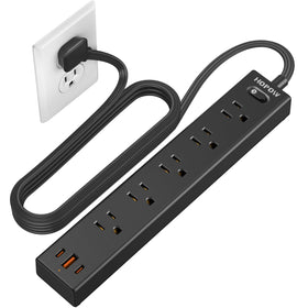 HOPOW flat plug power strip with 6ft cord for tight wall outlets.