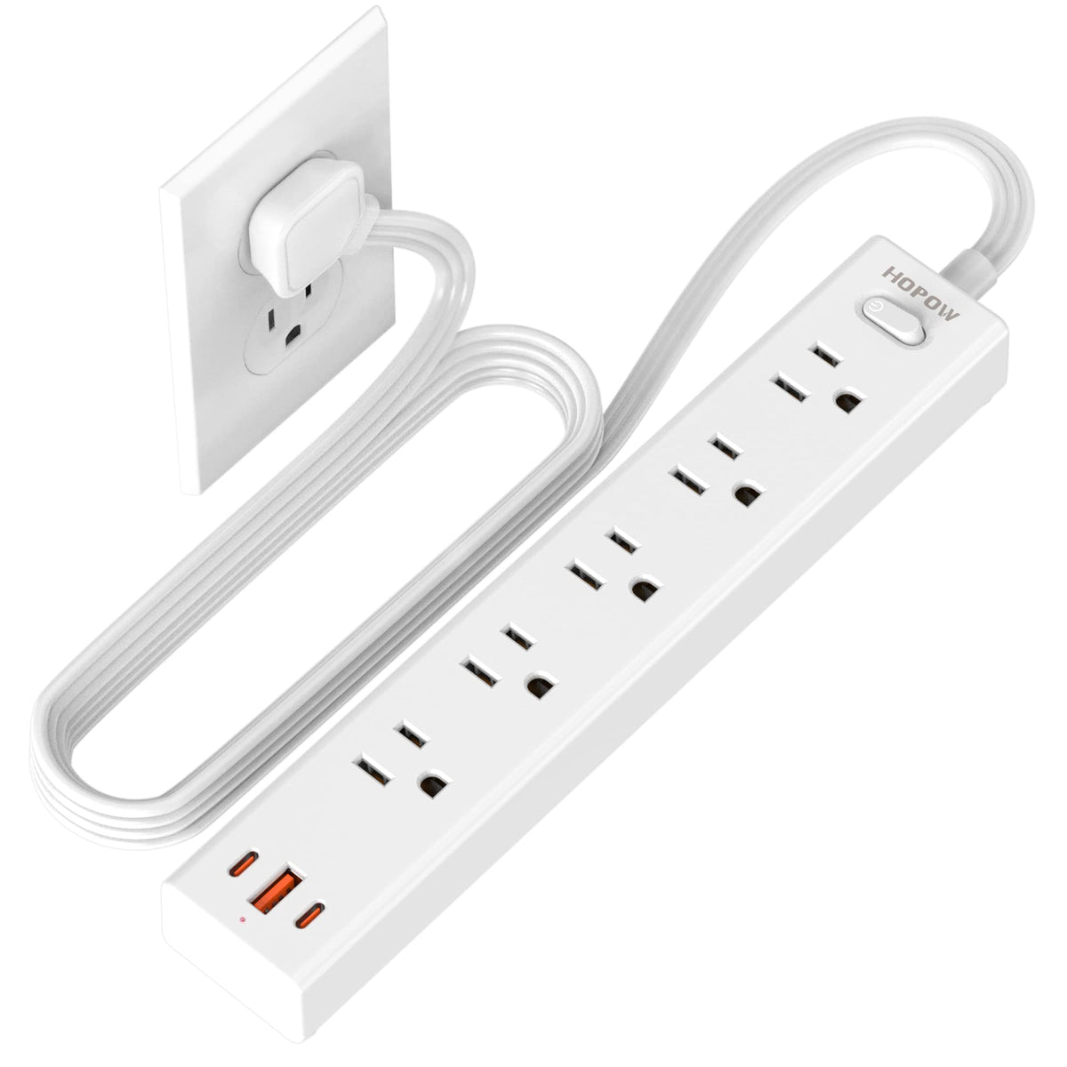 HOPOW flat plug power strip front view with ultra-thin profile for tight spaces