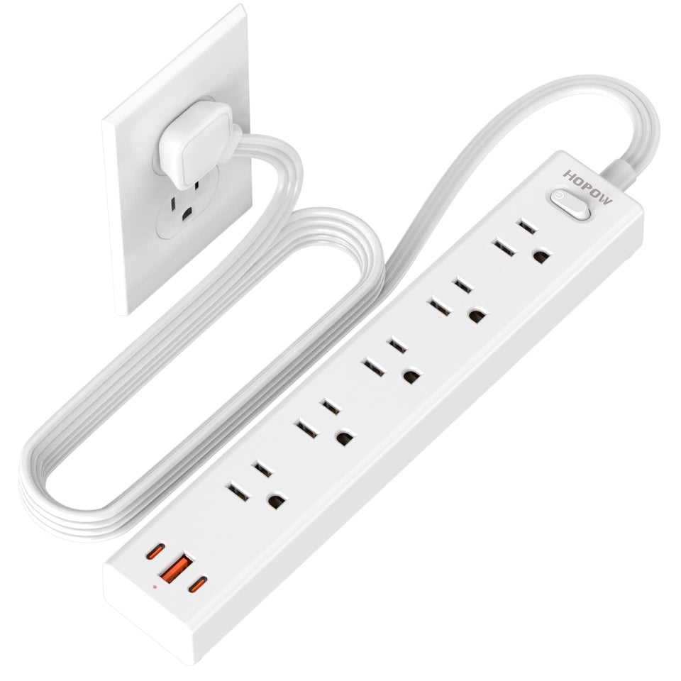 HOPOW flat plug power strip front view with ultra-thin profile for tight spaces
