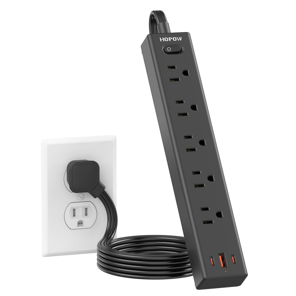 HOPOW flat-plug power strip front view for compact wall placement.
