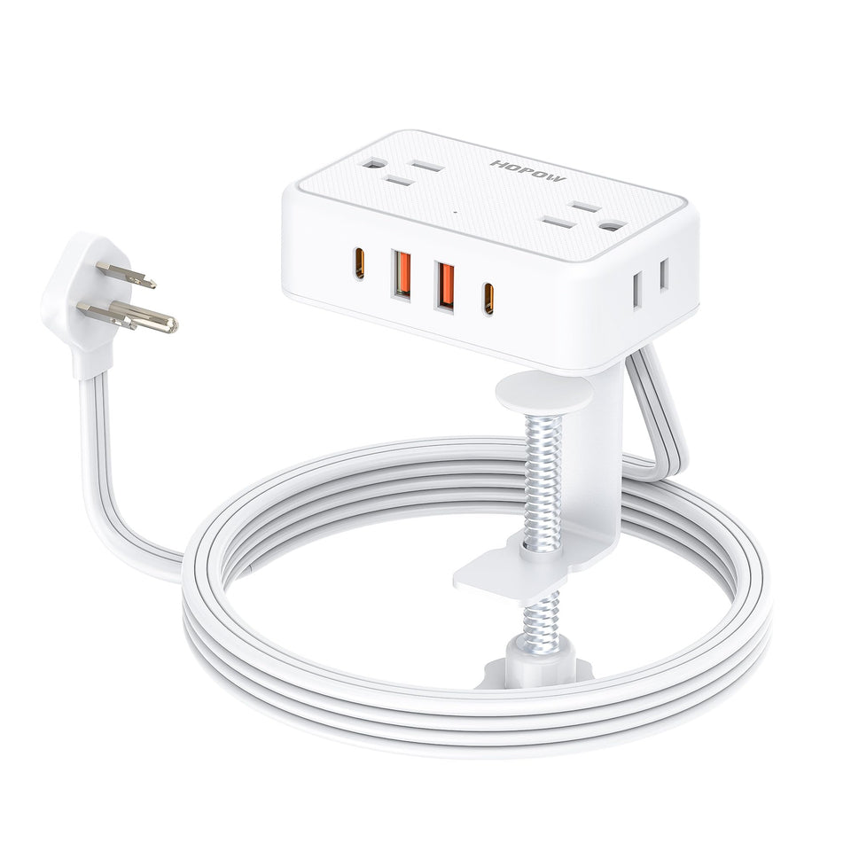 HOPOW front mounted power strip showing outlets and USB ports for tidy charging