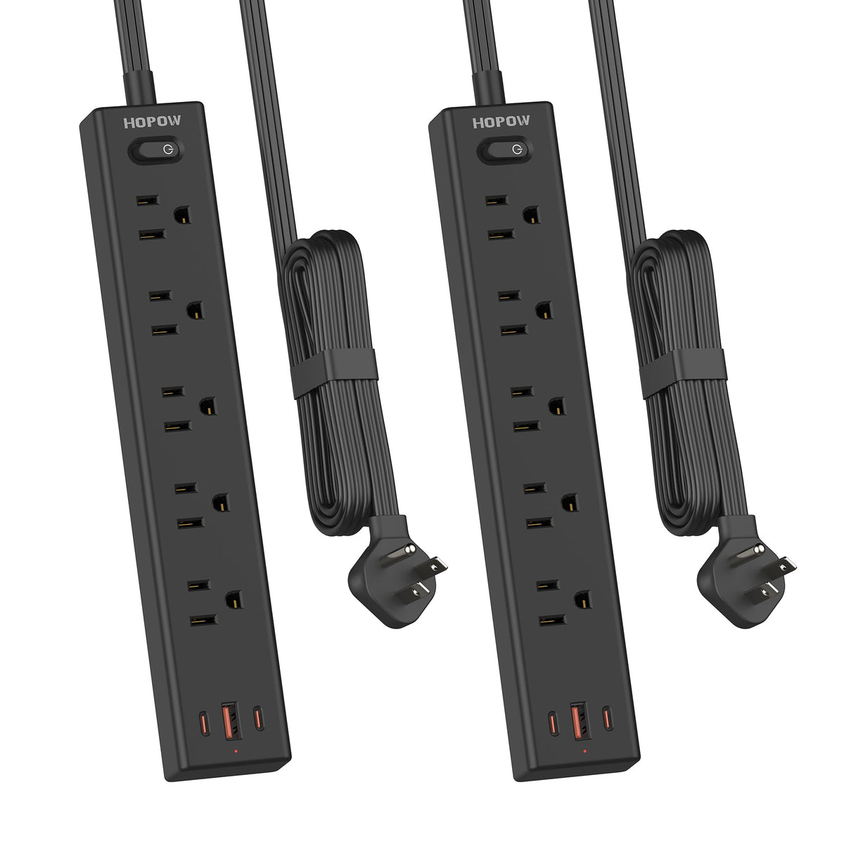 HOPOW front view of power strip showing outlets and USB ports for organized charging