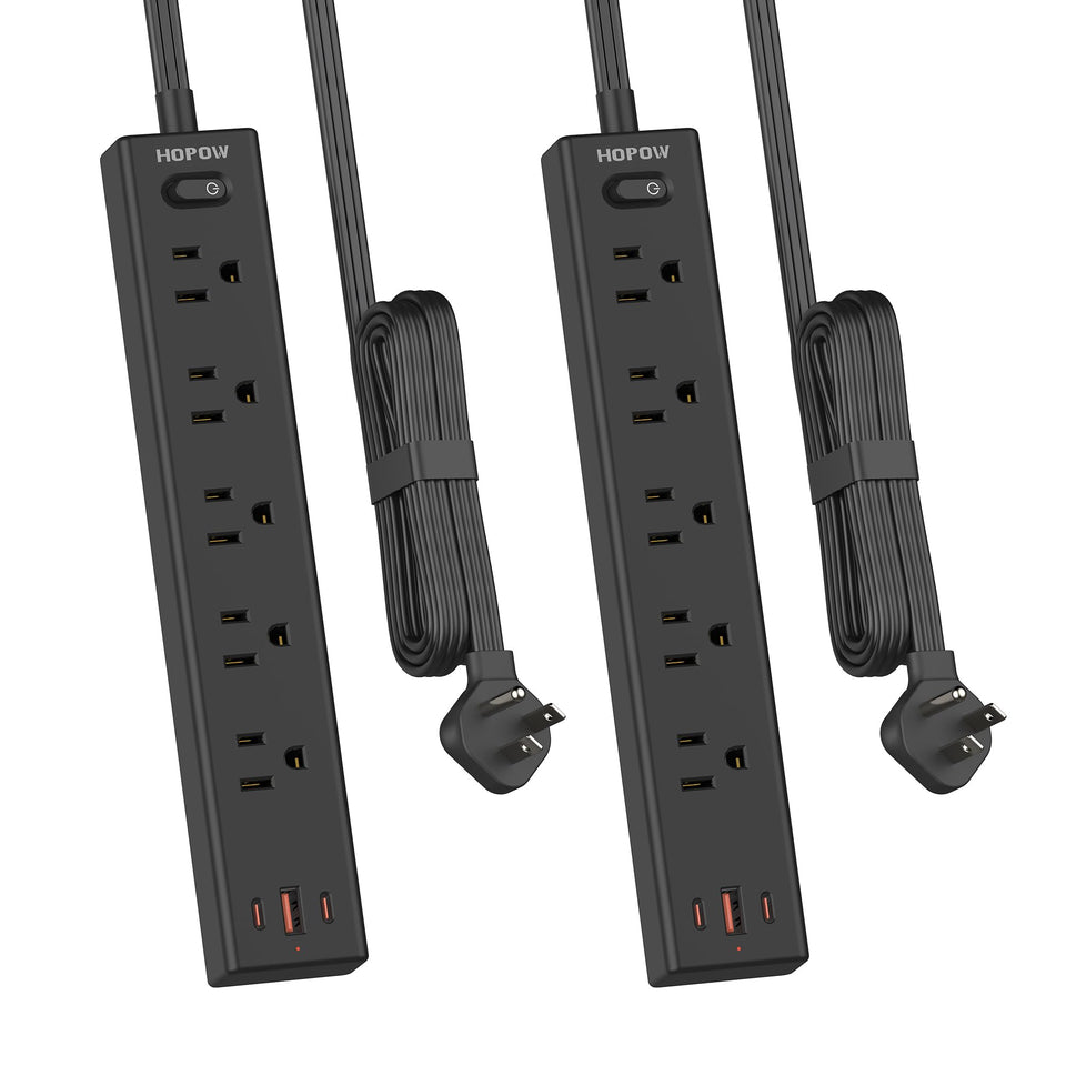 HOPOW front view of power strip showing outlets and USB ports for organized charging
