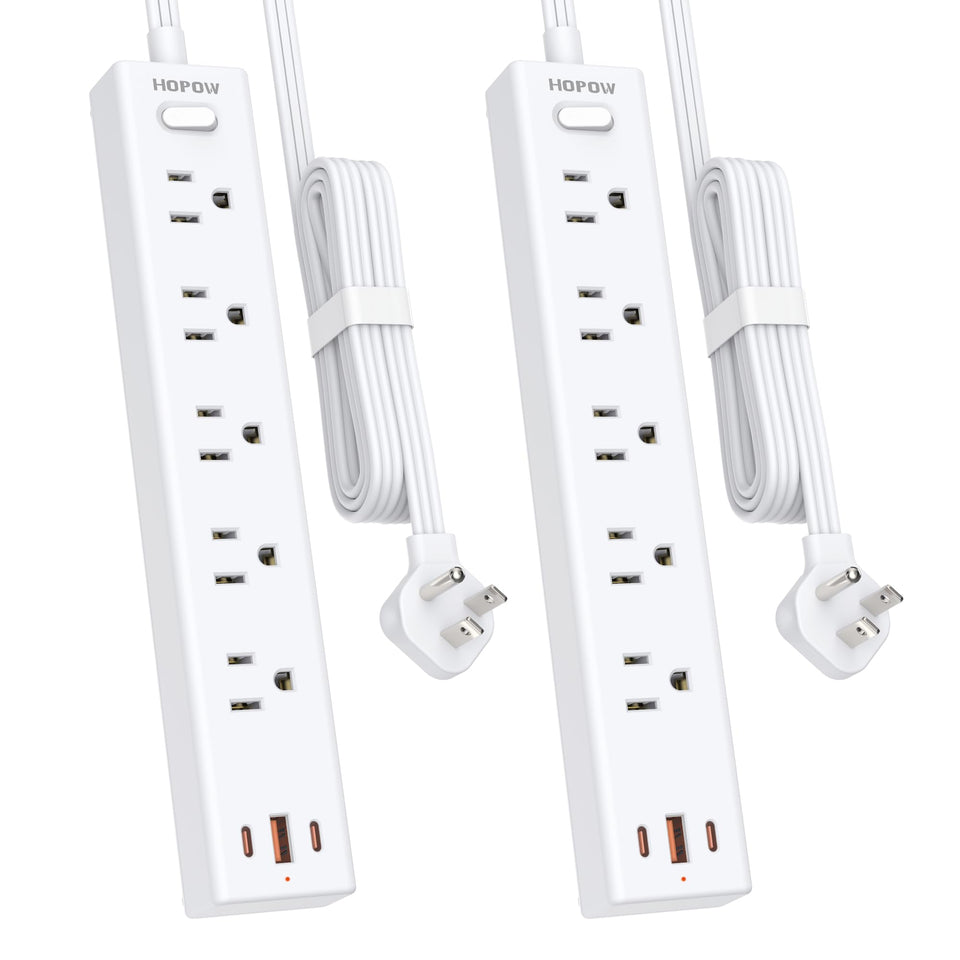 HOPOW front view of power strip showing outlets and USBs for neat charging