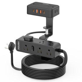 HOPOW front view showing clamp mounted on desk and easy access outlets