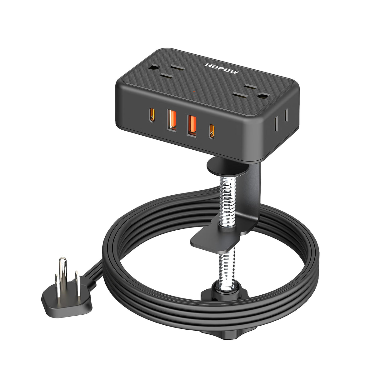 HOPOW front view clamped on desk showing neat power access and tidy cables