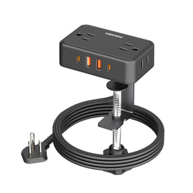 HOPOW front view clamped on desk showing neat power access and tidy cables
