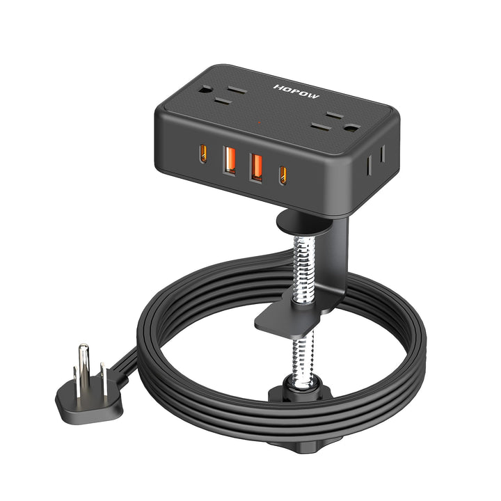 HOPOW front view clamped on desk showing neat power access and tidy cables