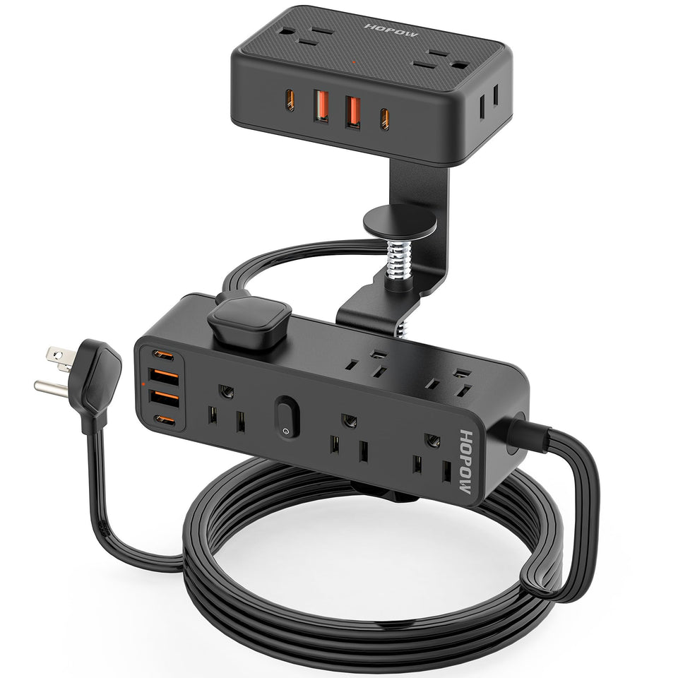 HOPOW front view clamped on desk showing organized outlets and fast access
