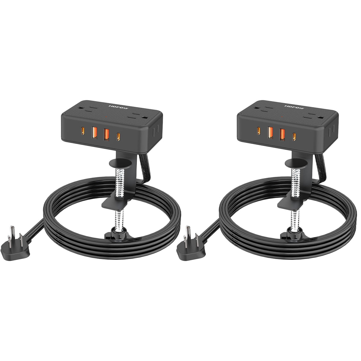 HOPOW front view clamped on desk showing neat cable management and easy access