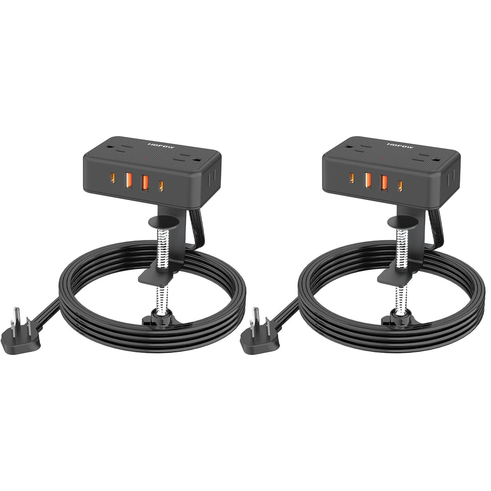 HOPOW front view clamped on desk showing neat cable management and easy access