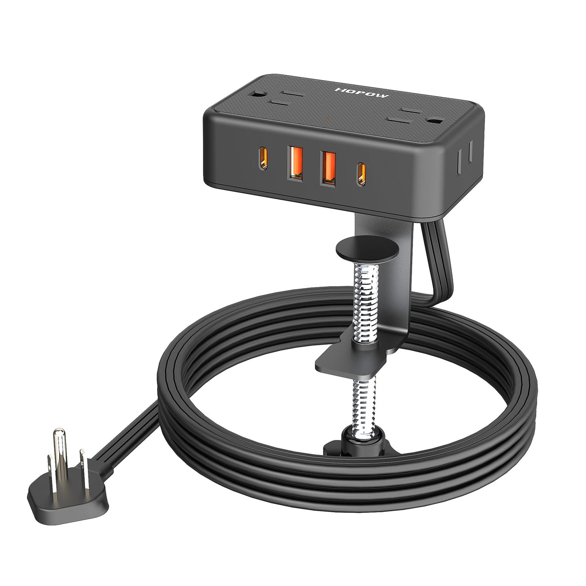 HOPOW front view clamped to desk edge showing outlets and USB ports for easy access