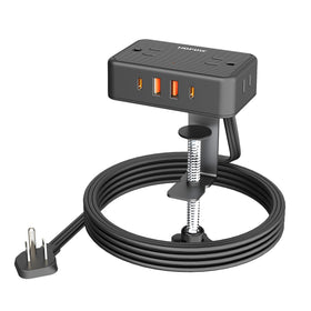 HOPOW front view clamped to desk edge showing outlets and USB ports for easy access