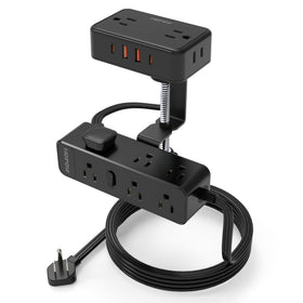 HOPOW front view clamped on desk showing many outlets and USB ports for organized power