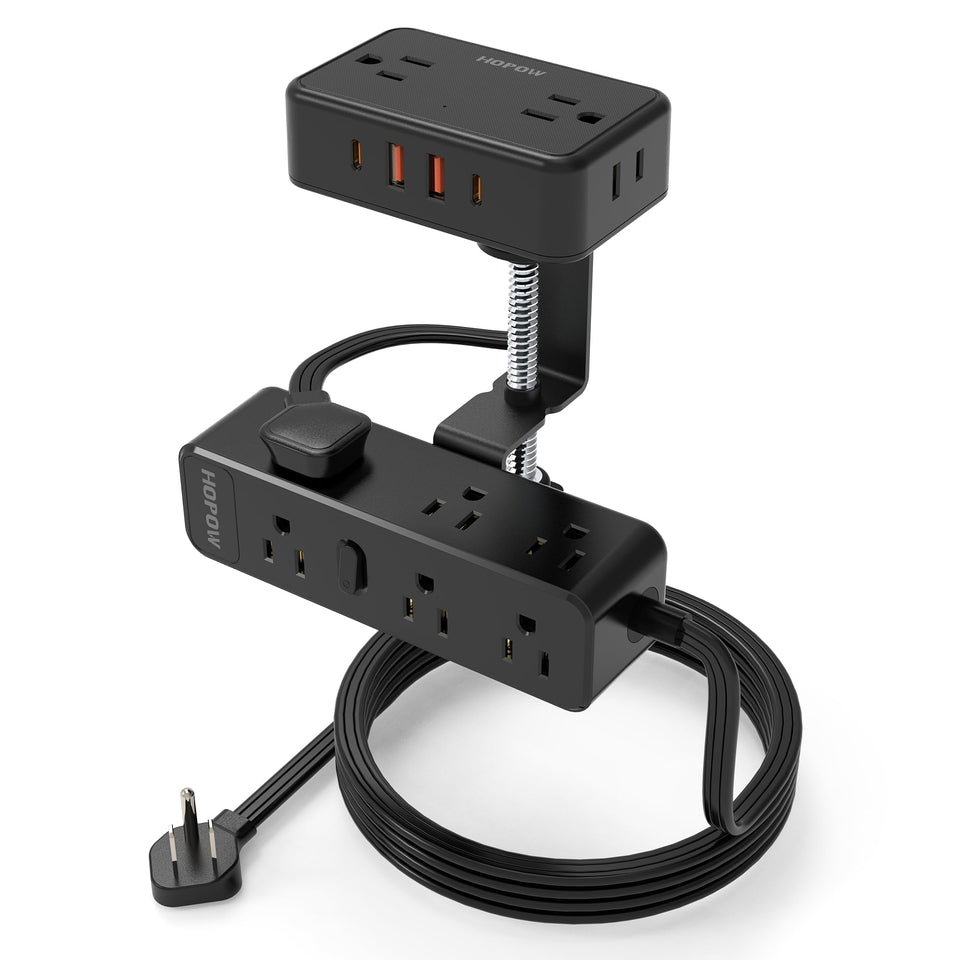 HOPOW front view clamped on desk showing many outlets and USB ports for organized power