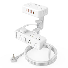 HOPOW front view clamped to desk showing organized outlets and USB ports for tidy charging