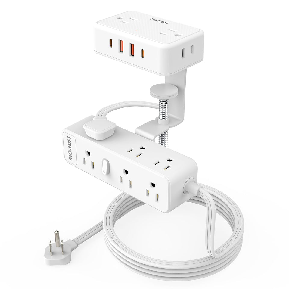 HOPOW front view clamped to desk showing organized outlets and USB ports for tidy charging