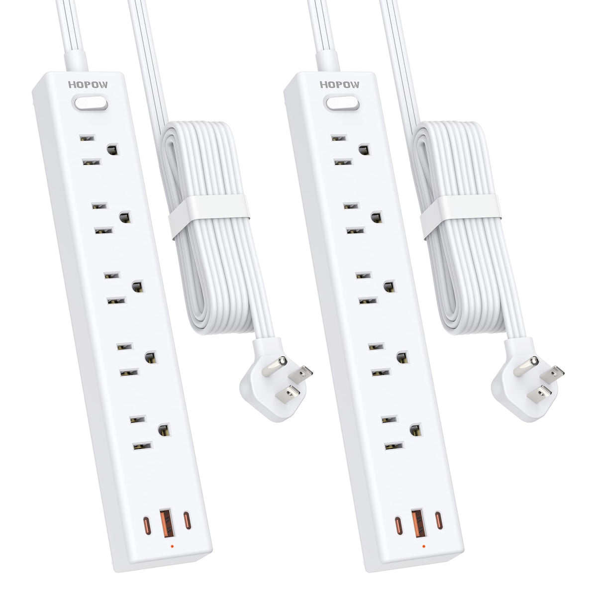 HOPOW front view of power strip showing outlets and USB ports for tidy charging